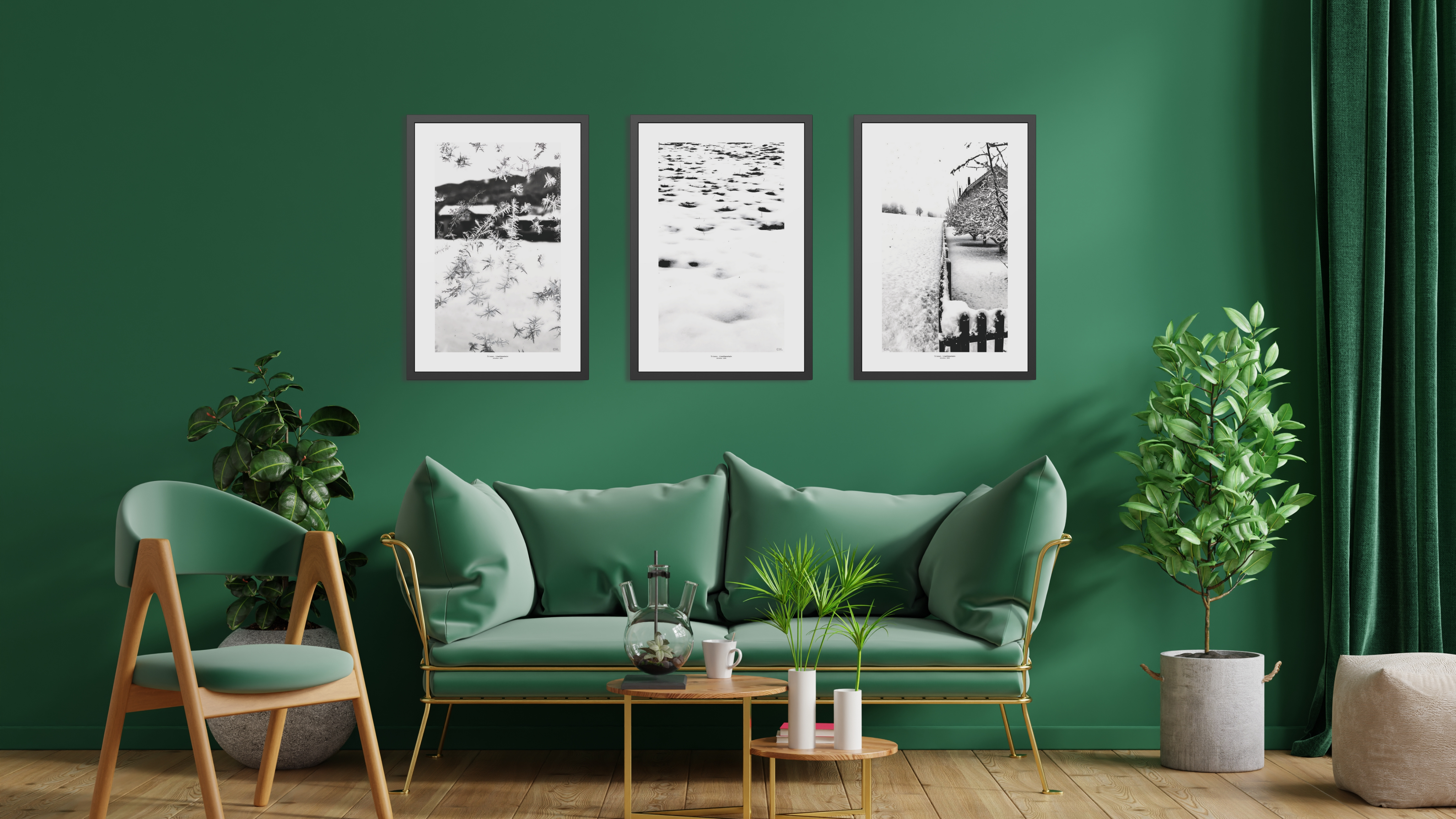 A cozy living room with a green wall, featuring three black and white framed artworks, a green couch, and houseplants.