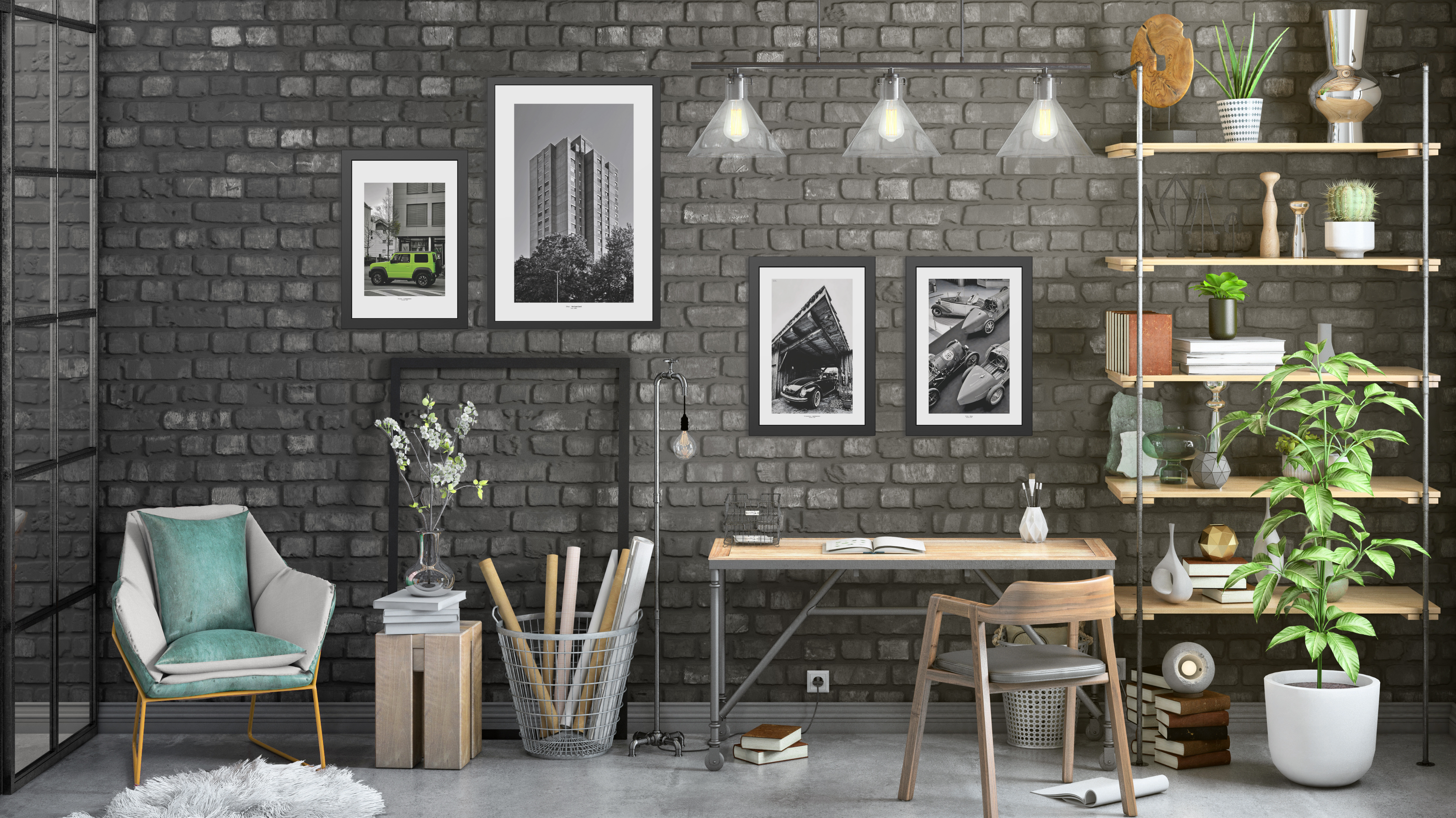 A modern workspace featuring a wooden desk, stylish chair, and framed black-and-white photos on a brick wall, adorned with plants and decor.